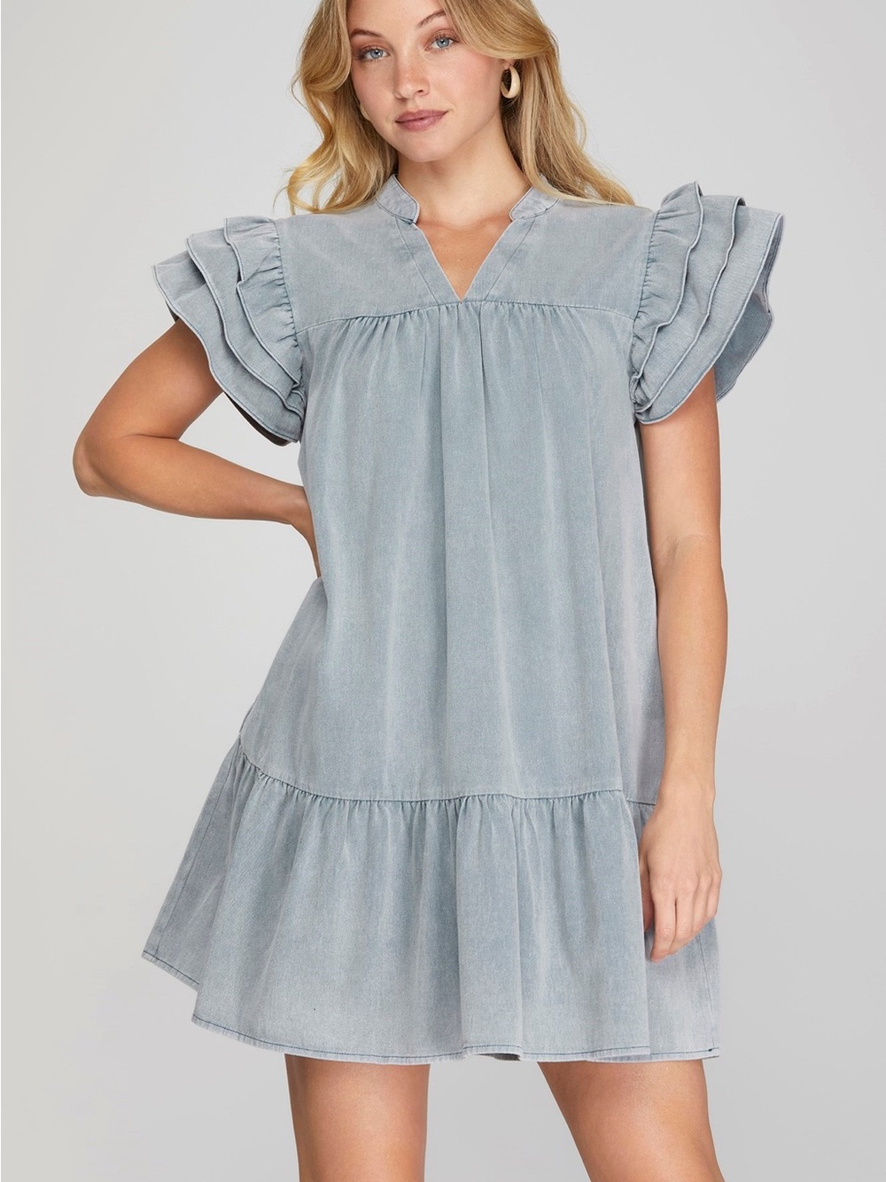 NWT Denim Light Blue Ruffle Sleeve Dress